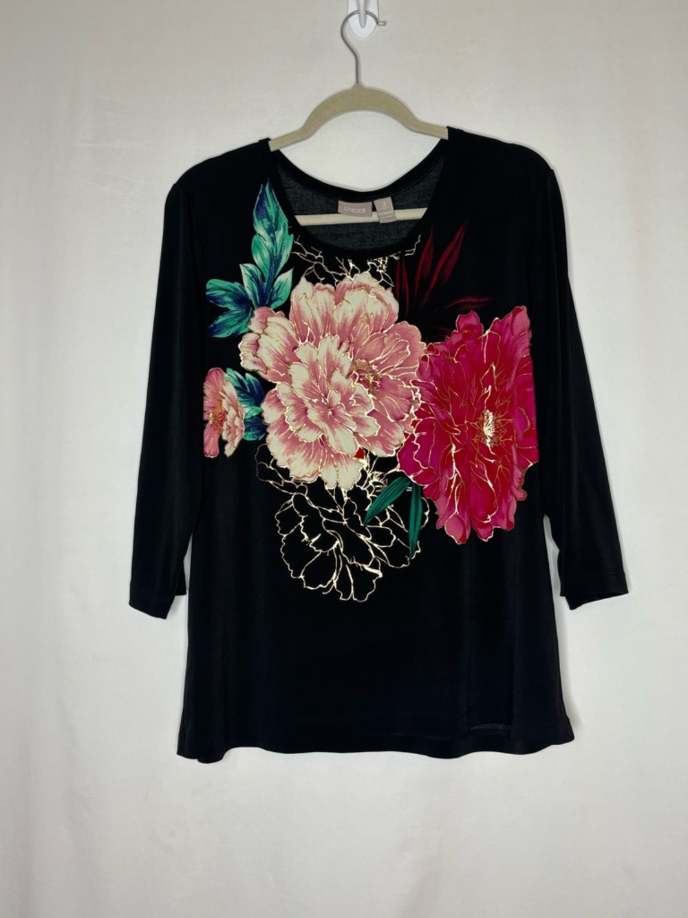 Chico's Black Long-Sleeve Top with Pink & Fuchsia Floral Print